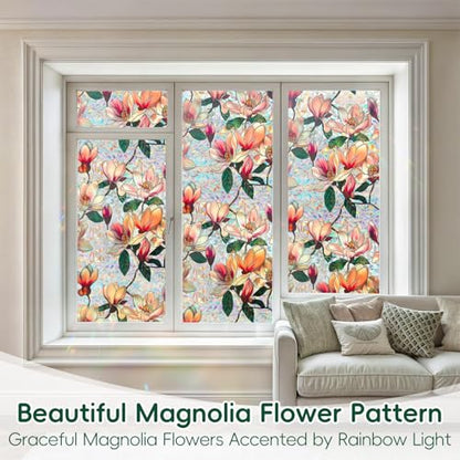 Window Privacy Film Decorative Stained Glass Window Film Rainbow Magnolia Floral Static Cling Non