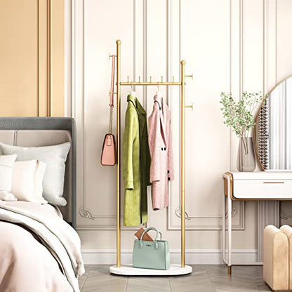 Gold Clothing Racks with Marble Base Modern Coat Racks Freestanding Gold Clothes Rack with Shelves for Bedroom Heavy Duty Garment Racks in Hallway