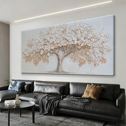 Large Canvas Wall Art Decor Beige Textured Tree of Life Canvas Art Wall Decor For Living Room Modern Decor Nature Botanical Tree Canvas Prints Artwork For Walls Bedroom Home Office Decor 24×48 Inch