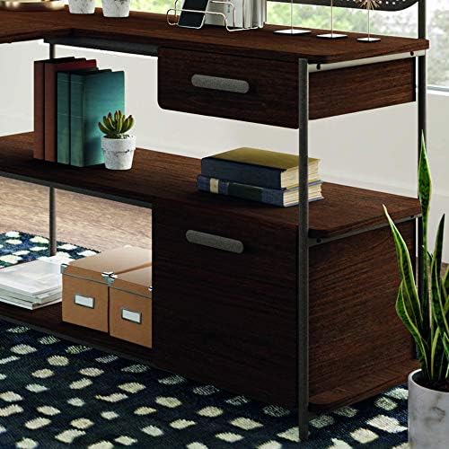Sauder Radial Modern Metal and Wood L-Shaped Desk, Umber Wood Finish