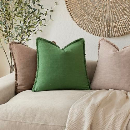 Decorative Linen Fringe Throw Pillow Covers 18×18 Forest Green (4 Count)