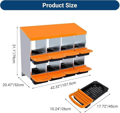 Chicken Nesting Box, 8-Compartment Egg Laying Box, Convenient for Collecting Eggs, Ventilated Poultry House Equipment in Metal Chicken Coop, Suitable for Hens and Ducks, (Orange, Without Stand)