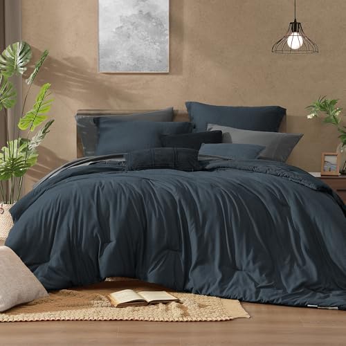 Queen Comforter Set 7 Pieces Navy Blue Cationic Dyeing Bed in a Bag