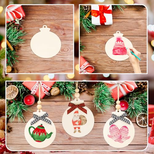 50PCS 4" Blank Wooden Ornaments for Crafts with Plaid Bows and Beads (50 Count)