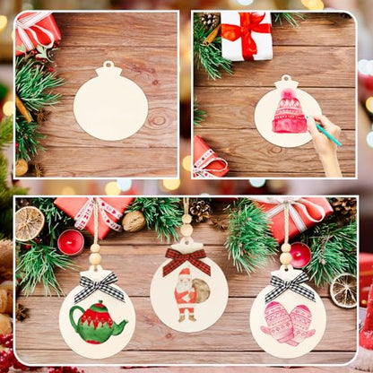 50PCS 4" Blank Wooden Ornaments for Crafts with Plaid Bows and Beads (50 Count)