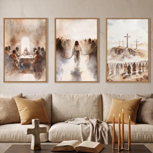 Large Jesus Neutral Framed Canvas Wall Art Set