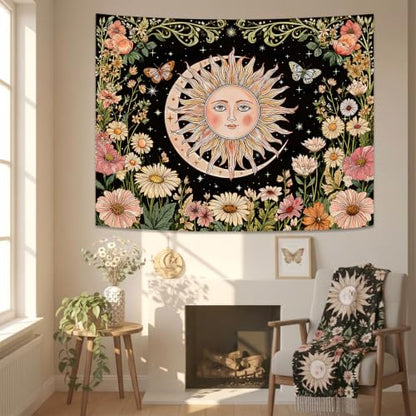 Boho Vintage Sun and Moon Hippie Floral Tapestry 60x44 Inch