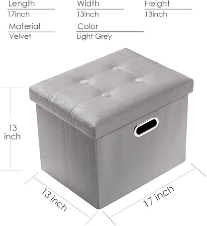 PRANDOM Ottoman with Storage [1-Pack] Velvet Folding Small Square Foot Stool with Lid for Living Room Bedroom Coffee Table Dorm Light Grey 17x13x13 inches