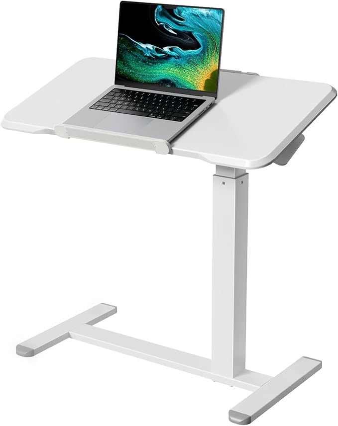 Rolling Laptop Desk, 180° Tiltable Mobile Standing Desk Height Adjustable, Overbed Bedside Table, Portable Computer Desk with Wheels, Foldable Laptop Cart for Home Office, White