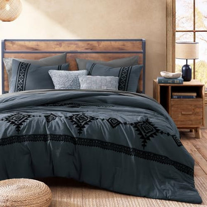 Embroidery Queen Comforter Set 7 Pieces Blue Grey Bed in a Bag