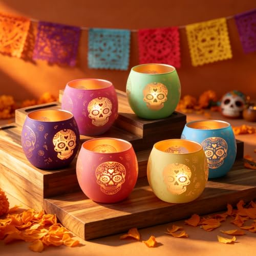 Day of Dead Skull Glass Votive Candle Holders for Indoor Halloween Decor (4 Count)