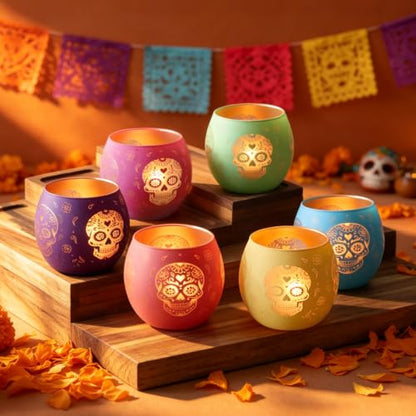Day of Dead Skull Glass Votive Candle Holders for Indoor Halloween Decor (4 Count)