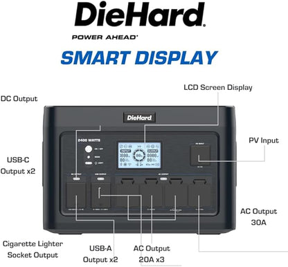 DieHard Portable Power Station 2400-Watt (4800-Watt Peak) 2048Wh - Quiet Solar Generator, Lightweight Solution for Home Backup, Weather Emergencies, Outdoor Recreation, Jobsite and More
