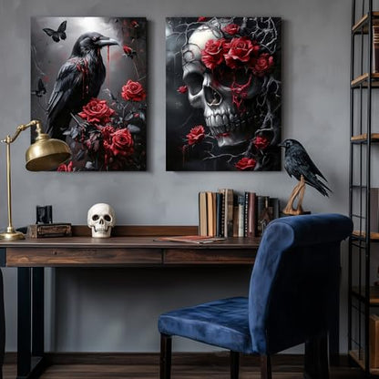 Wrapped Canvas Dark Goth Crow Rose Skull Wall Art Set of 3 (3 Count)