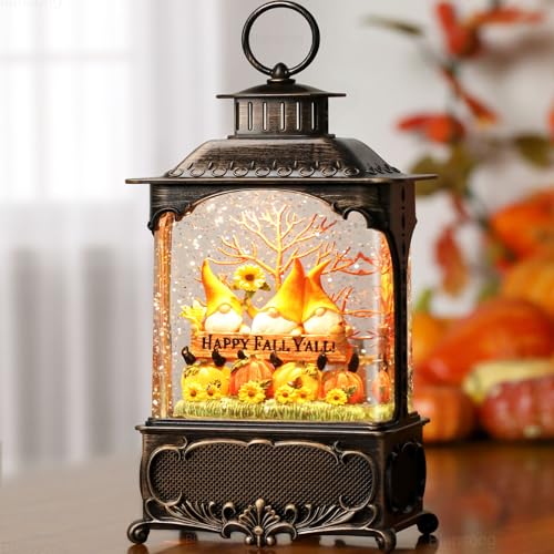 Fall Snow Globe Lantern Gnome Snow Globe Fall Decorations for Home Autumn Harvest Decor with Timer