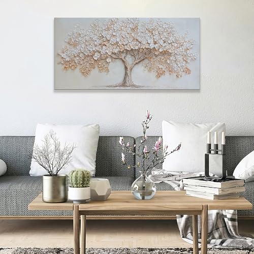 Large Canvas Wall Art Decor Beige Textured Tree of Life Canvas Art Wall Decor For Living Room Modern Decor Nature Botanical Tree Canvas Prints Artwork For Walls Bedroom Home Office Decor 24×48 Inch