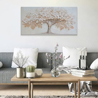 Large Canvas Wall Art Decor Beige Textured Tree of Life Canvas Art Wall Decor For Living Room Modern Decor Nature Botanical Tree Canvas Prints Artwork For Walls Bedroom Home Office Decor 24×48 Inch