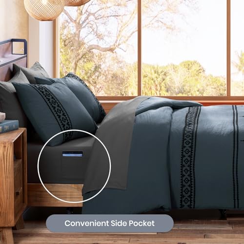 Embroidery Queen Comforter Set 7 Pieces Blue Grey Bed in a Bag