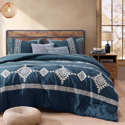 Embroidery Full Size Comforter Set 7 Pieces Navy Blue Bed in a Bag (7 Piece Set)