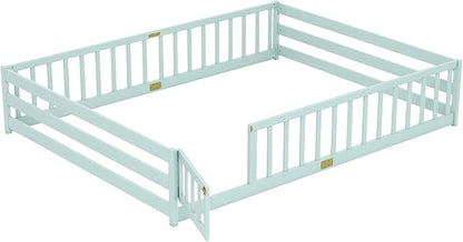 KOMFOTT Queen Size Wood Floor Bed with Door & Fence, Montessori Bed Frame with Full Length Safety Guardrails, Door & Latch, Wooden Montessori Floor Bed for Kids, Girls, Boys (Queen,Light Green)