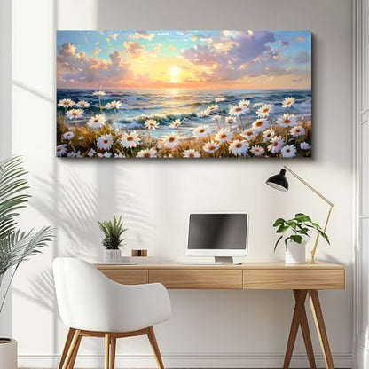 Large Canvas Wall Art For Living Room Bedroom Wall Decor Office Beach With Waves Landscape Painting White Flowers Painting Bathroom Dining Room Artwork Picture Home Decoration 20x40 In