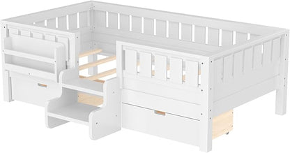 Bellemave Twin Bed with Slats and Stairs, Twin Size Platform Bed Frame with Fence, Bookshelf and Storage Drawers, Easy Assemble Beds for Kids, Girls, Boys, White