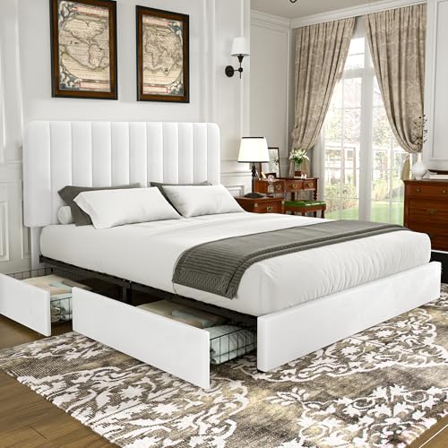 King Size Upholstered Bed Frame with 4 Drawers and Headboard