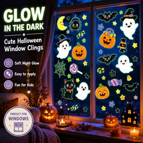 Glow in the Dark Halloween Window Stickers Cute Ghost Pumpkin Black Cat Spider Bat Candy Moon Window Decals for Halloween Party Supplies Home Glass Decorations