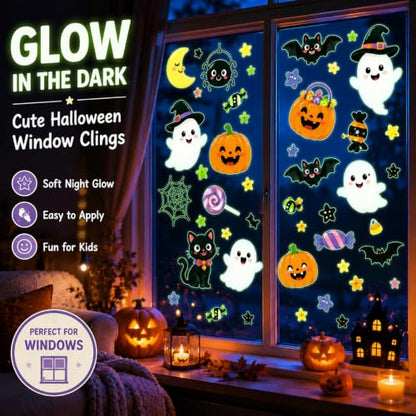 Glow in the Dark Halloween Window Stickers Cute Ghost Pumpkin Black Cat Spider Bat Candy Moon Window Decals for Halloween Party Supplies Home Glass Decorations