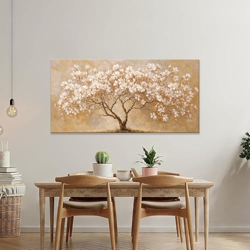 Large Canvas Wall Art Decor Beige Magnolia Tree of Life Canvas Art Wall Decor For Living Room White Flower Wall Art Decor Modern Tree Botanical Canvas Prints Decor For Bedroom Home Office 24"×48"