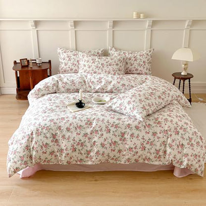 Vintage Flower Comforter Set Queen Girls Cute Pink Floral Bedding Comforter Lightweight Soft Cottagecore Bedding Set Botanical Rose Flowers Print Farmhouse Comforter with 2 Pillowcases