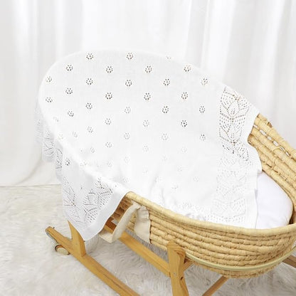 LAWKUL Cellular Blanket Baby 100% Cotton Knitted Soft Knit Crochet Blankets for Newborn Boy Girls Infants White 100x80cm