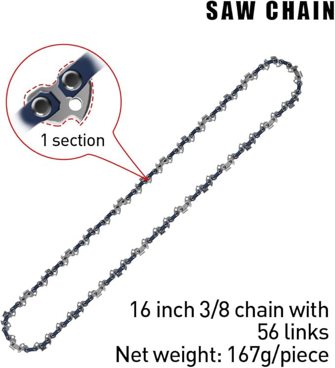 16-Inch Chainsaw Chain 4-Pack – 3/8" LP Pitch, .050" Gauge, 56 Drive Links, Semi-Chisel Replacement Chain for 16" Electric Mini Chainsaw and Pole Pruner