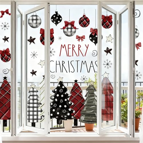 Christmas Window Clings for Glass 9 Sheet Xmas Tree Window Decals with Plaid Designs Window Stickers Winter Windows Cling for Party Supplies Home School Office Glass Decorations (9 Count)