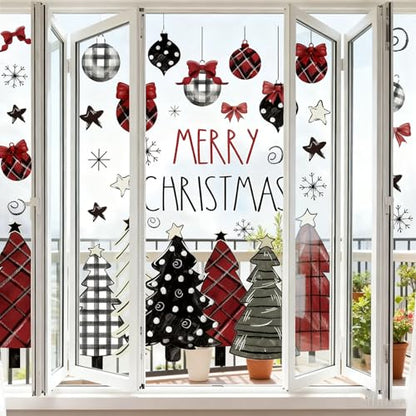 Christmas Window Clings for Glass 9 Sheet Xmas Tree Window Decals with Plaid Designs Window Stickers Winter Windows Cling for Party Supplies Home School Office Glass Decorations (9 Count)