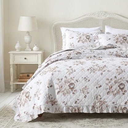 Khaki Ruffled Quilt Queen Size with 2 Pillow Shams