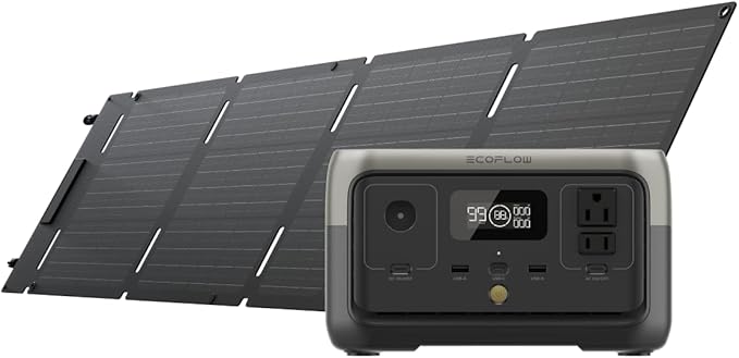 EF ECOFLOW Portable Power Station RIVER 2 with 60W Solar Panel, 256Wh LiFePO4 Battery/ 1 Hour Fast Charging, Up to 600W Output, Solar Generator for Outdoor Camping/RVs/Home Use