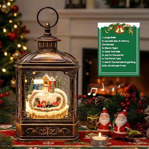 Christmas Village Snow Globe Lantern Musical Lighted Mountain Village Snowman & Train Water Lantern in Swirling Glitter