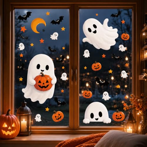 Halloween Window Clings Cute Ghost Pumpkin Bat Moon Window Decals Stickers for Halloween Party Supplies Home Glass Decorations