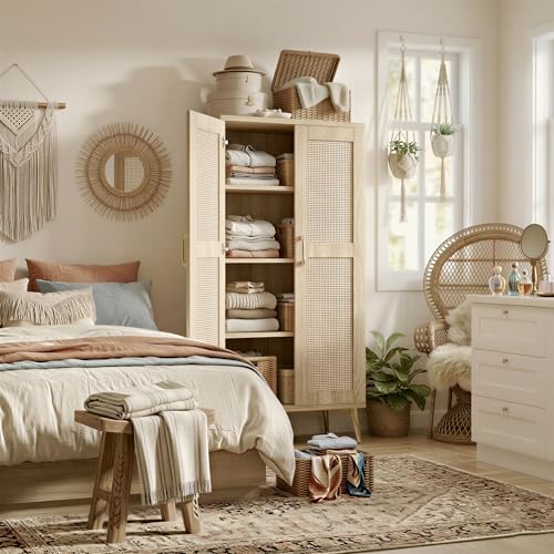 Tall Bathroom Storage Cabinet 57" Rattan Pantry Cabinet