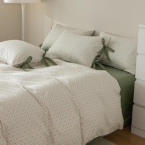 Full Comforter Set Pink Flower Comforter with 2 Bowknot Pillowcases Chic Plaid Grid Prints Floral Bedding Comforter Boho Farmhouse Bedding Set French Country Style Botanical Comforter Set (3 Count)