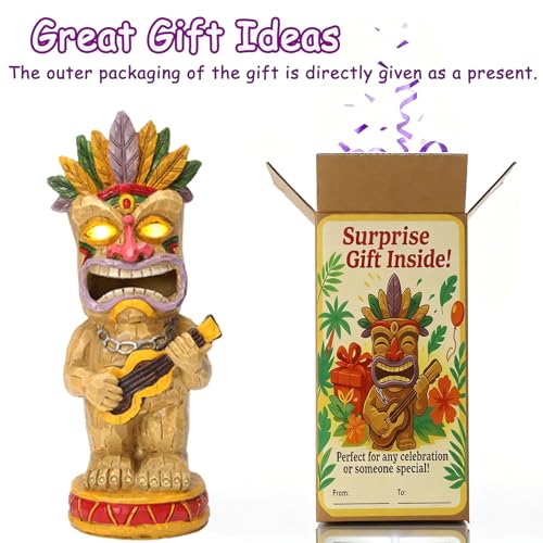 Solar Tiki Garden Statue with LED Eyes Outdoor Resin Ukulele Player Yard Decor Solar Light Hawaiian Style Lawn Ornament for Patio Porch Tiki Bar Decor Best Gift for Tiki Lovers