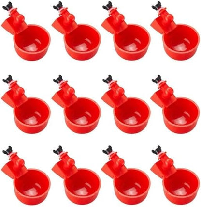 Red Chicken Waterer Gravity Water Cup Automatic Poultry Drinker | Conveniently use with Any Plastic Water Container or Bucket | No Float Design | 4 Cups