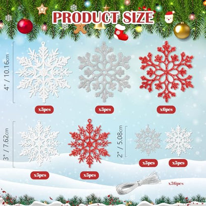 36pcs White Silver and Red Christmas Snowflake Ornaments (36 Count)