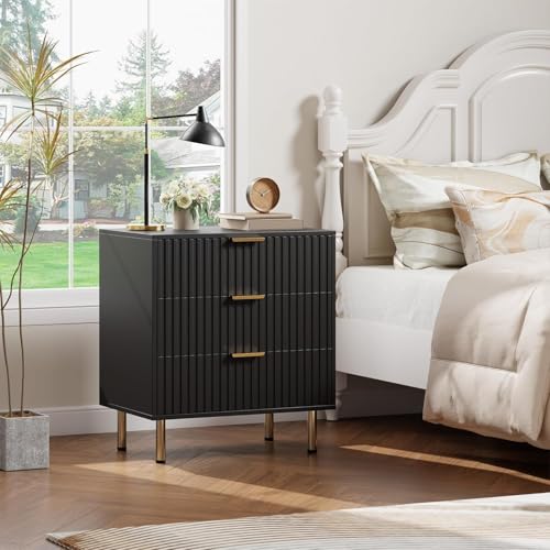 Fluted Black 3 Drawer Dresser for Bedroom with Deep Drawers