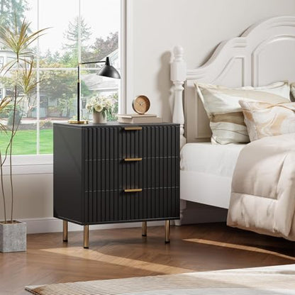 Fluted Black 3 Drawer Dresser for Bedroom with Deep Drawers