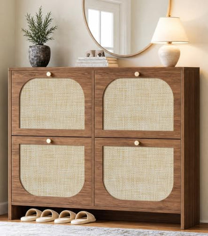 Freestanding Ultra Slim Arched Rattan Accent Shoe Storage Cabinet for Entryway