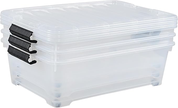 Zopnny 25 Quart Plastic Under Bed Storage Organizer Bin Container with Secure Lids and Durable Buckles, Clear, 3 Pack