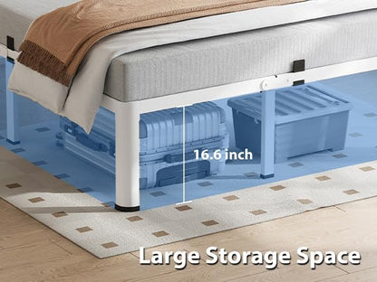 18 Inch Queen Size White Bed Frame, 3500Lbs Heavy Duty Metal Platform with Round Corner Legs Mattress Slide Stopper, Steel Slat Support No Box Spring Needed, Noise Free, Easy Assembly