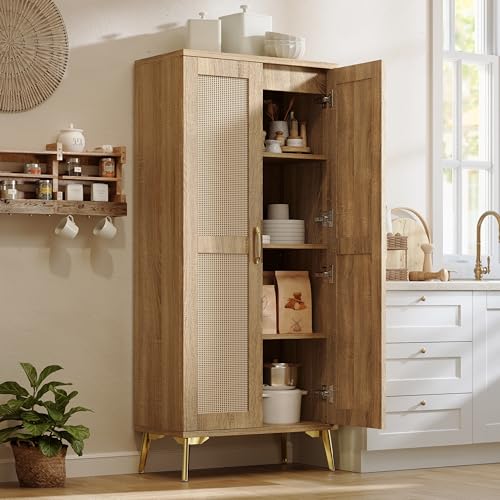 Tall Bathroom Storage Cabinet 57" Rattan Pantry Cabinet